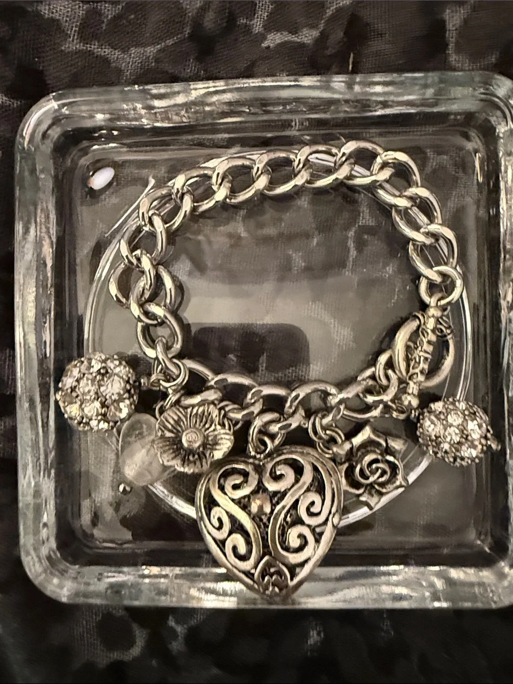 Silver Heart & Floral Charm Bracelet with Crystal Accents